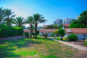 a yard with palm trees and buildings in the background at Agamim Hotel Ashkelon in Ashkelon