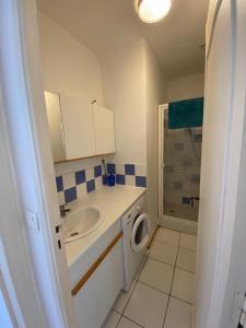a bathroom with a sink and a washing machine at Les Platanes - Michel Ange in Lamalou-les-Bains