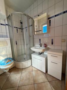 a bathroom with a shower and a sink and a toilet at Ferienbungalow Zum Anleger 3 in Hohenkirchen