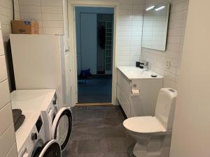 a bathroom with a toilet and a sink and a mirror at Stugcentralen F-16B in Halmstad