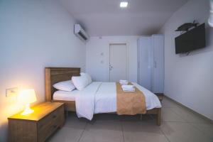 a small bedroom with a bed and a television at Agamim Hotel Ashkelon in Ashkelon
