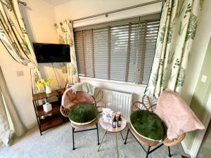 a living room with chairs and a table and a window at Beautiful Garden Room with Private Entrance in Kingsbridge