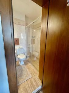ein Bad mit einem WC und einer Glasdusche in der Unterkunft Pirin Golf Penthouse Iliyana in Bansko
