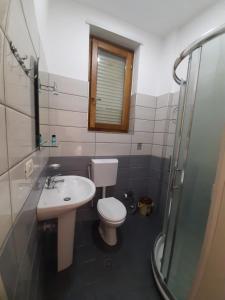 a bathroom with a toilet and a sink and a shower at Hotel Vila Giorgio in Shkodër