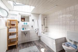 un bagno con vasca, WC e lavandino di Schiffsherberge Pöppelmann a Dresda