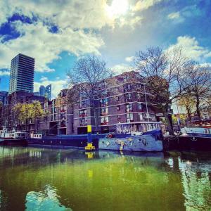 een gebouw met groen water voor een stad bij Houseboat holiday apartments Rotterdam in Rotterdam