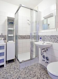 W łazience znajduje się prysznic, umywalka i toaleta. w obiekcie Komfort Ferienwohnung Bad Pyrmont Nähe Kurpark w mieście Bad Pyrmont