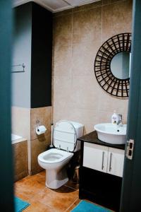 a bathroom with a toilet and a sink and a mirror at Luxury Condo-loft Point Waterfront - Two bedroom plus Loft in Durban