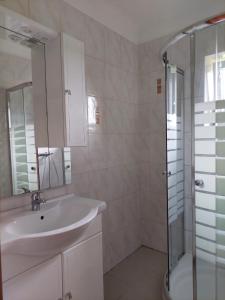 a bathroom with a sink and a glass shower at Ferienwohnung Vertatschablick in Ferlach