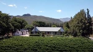 a house with a mountain in the background at Lynx Wine Estate in Franschhoek