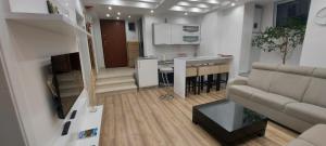 a small living room with a couch and a kitchen at Apartman Dona in Banja Luka