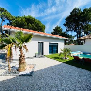 une maison avec un palmier dans l'allée dans l'établissement Studio indépendant sur propriété avec piscine partagée, à Biscarrosse