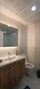 ブルサにあるLuna Apartmentsのバスルーム(洗面台、トイレ、鏡付)