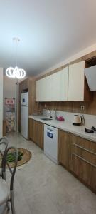 ブルサにあるLuna Apartmentsのキッチン(白い家電製品、木製キャビネット付)