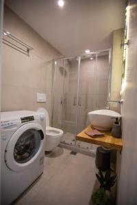 ein Badezimmer mit einer Waschmaschine und einem WC in der Unterkunft Vallia Suites - Luxury Suite in Nafpaktos