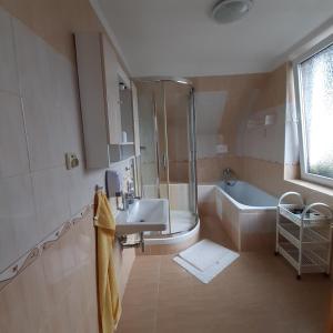 a bathroom with a shower and a sink and a tub at Pension Kristýna in Kašperské Hory