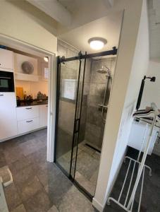 ein Bad mit einer Dusche und einer Glastür in der Unterkunft Gastenverblijf op de Prins Hendrik Hoeve in Buren in Buren