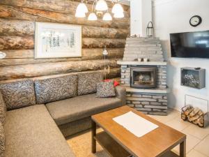 a living room with a couch and a fireplace at Holiday Home Maahisenrinne 1 as 4 by Interhome in Äkäslompolo