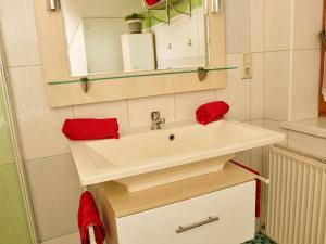 W łazience znajduje się biała umywalka i lustro. w obiekcie Apartment Neugasteig-3 by Interhome w mieście Gasteig