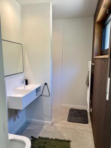 a white bathroom with a sink and a shower at Osbos chalets in Lille