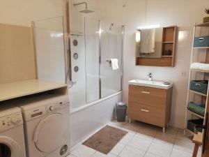 a bathroom with a shower and a sink and a washing machine at Orange: appartement pratique et idéalement placé in Orange