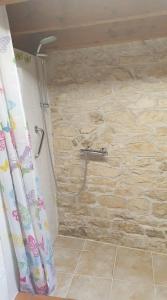 a shower in a bathroom with a stone wall at Chocolate Box Cottage in Parzac +24 photos