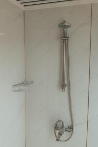 a shower with a shower head on a wall at Glamping in Wiltshire the Green Knoll is a charm in Chippenham