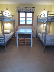 a room with three bunk beds and a table in it at Badholmens Vandrarhem in Fjällbacka