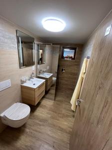 a bathroom with a toilet and two sinks and a mirror at Penzion Arrow in Lesná