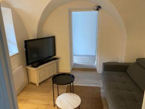 a living room with a couch and a flat screen tv at Logement Pays des Écrins in La Roche-de-Rame