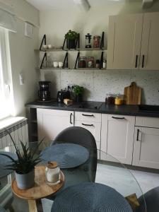 a kitchen with a table and chairs and a counter at Przytulny apartament SUDECKI KLIMAT by SpaceApart in Szklarska Poręba