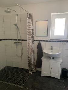 a bathroom with a shower and a sink at Bela‘s Ferienhaus in Komló +13 photos