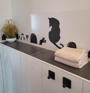 un bancone della cucina con un gatto nero sul muro di Ferienwohnung Burgblick a Wiesbaden