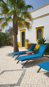 a row of blue lounge chairs next to a palm tree at Casa Aventura in Boliqueime