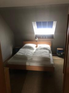 Cama en habitación con ventana en Ironico Homestay Bostalsee Ferienwohnung 100 m2, en Eisen