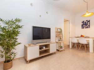 una sala de estar con TV en un stand con una planta en Apartment Portbou by Interhome, en Portbou