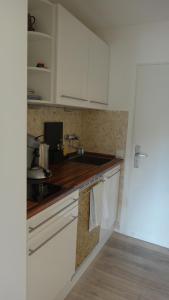 博登斯边的拉多夫采尔Auszeit am Bodensee的带白色橱柜和水槽的厨房 更多15张照片