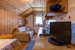a living room with a flat screen tv and a couch at Ciasa Rü in San Cassiano