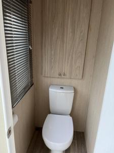 een badkamer met een wit toilet en een houten kast bij ZP 508 - Camping de Zandput in Vrouwenpolder