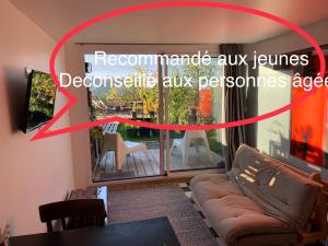 een woonkamer met een bank en een groot raam bij ECO STUDIOS mezzanine wifi piscine stationnement gratuit terrasse dans jardin in Rouen