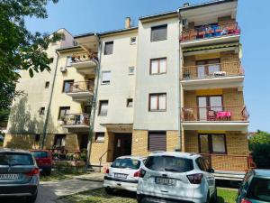 a building with cars parked in front of it at Minja in Vrnjačka Banja