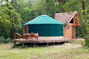 a yurt with two animals standing in front of it at Yourte La Désirade in Semur-en-Auxois