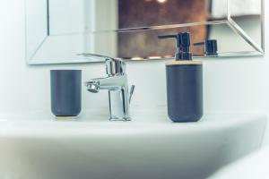 un lavandino in bagno con 2 dispenser di sapone e uno specchio di Le loft superbe studio avec stationnement gratuit a Dunkerque