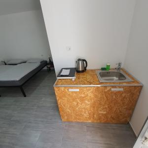 a kitchen with a sink and a bed in a room at Budget Apartment LeLo Center 4 in Osijek