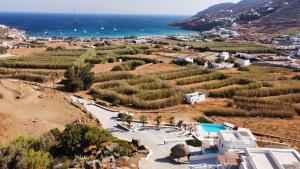 une vue aérienne d'un complexe hôtelier et de l'océan dans l'établissement Mykonos4Islands Seaside Villas and Suites, à Kalo Livadi