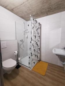 y baño con ducha, aseo y lavamanos. en Sobe, Rooms B&B - Vina Kauran, en Zgornji Jakobski Dol