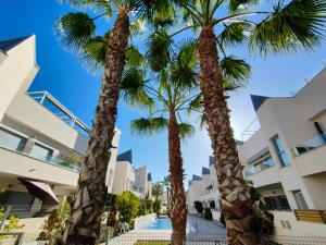 twee palmbomen voor een gebouw bij Villa Amalia Eco in Torrevieja