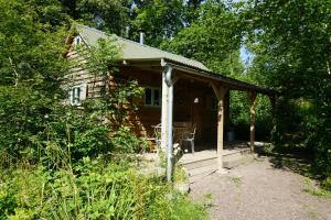 a log cabin with a porch in the woods at Forest Garden Shovelstrode in East Grinstead