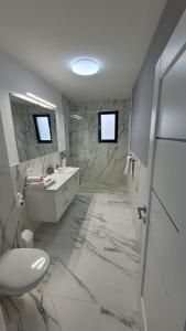 a white bathroom with a toilet and a sink at Magic Mirror in Satu Mare