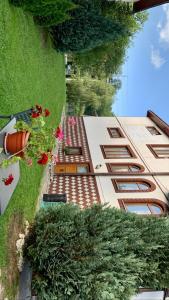 una rappresentazione architettonica di un edificio con piante e fiori di Casa din livada a Borşa